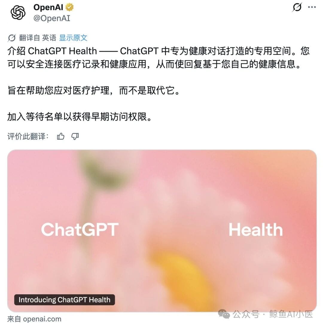 OpenAI 推出ChatGPT Health：医疗不会被 AI 取代，但会被 AI 重新组织